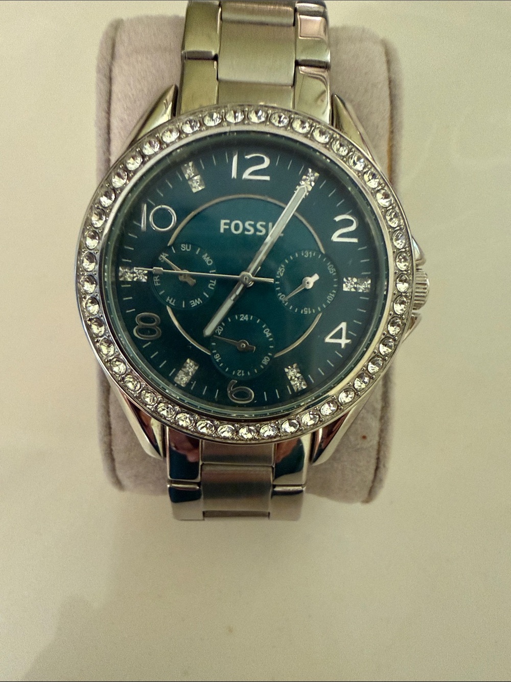 Fossil Women's Silver-Tone Watch with Teal Dial and Crystal Bezel